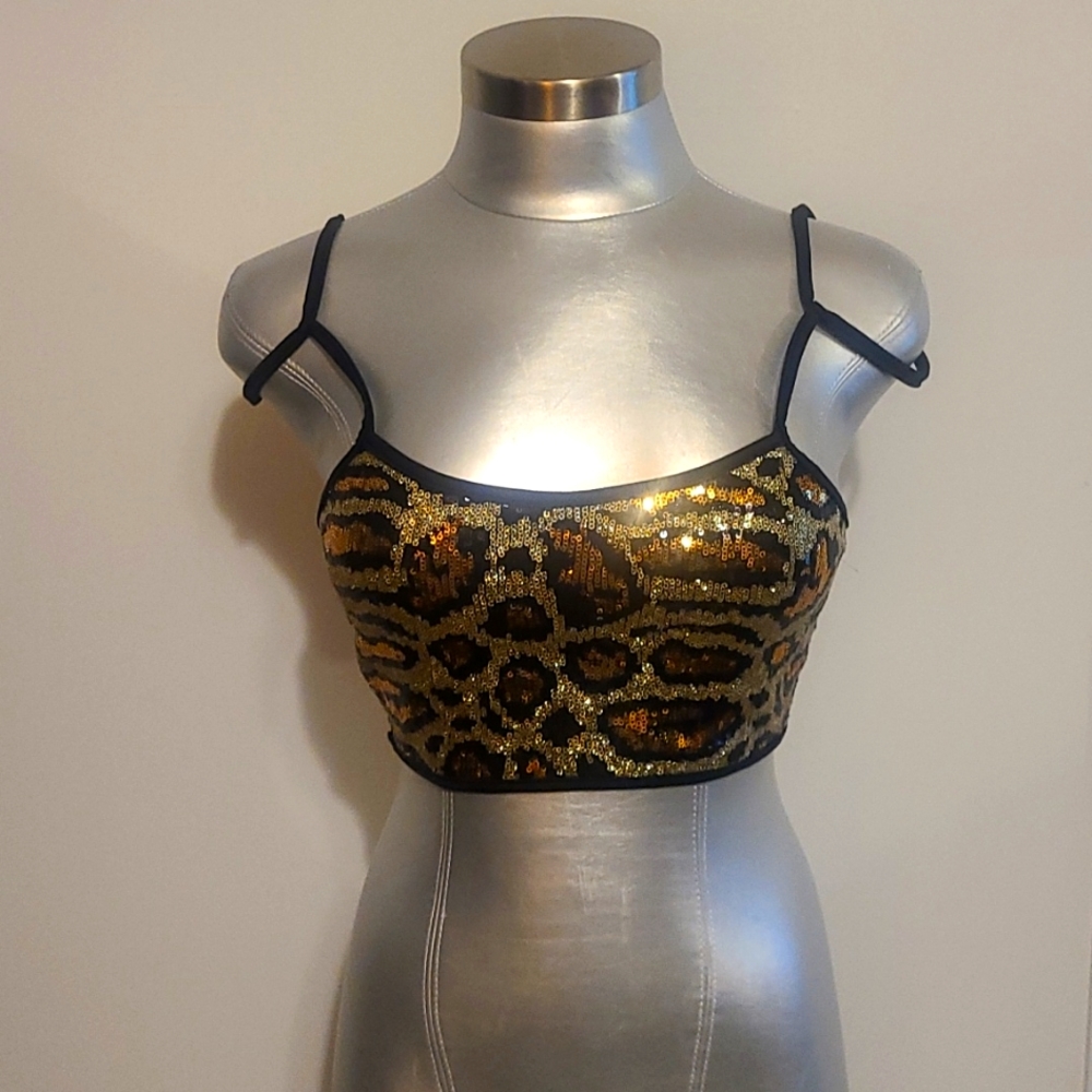 Celb.designer Maggie Barry tiger  print sequins strappy crop top.